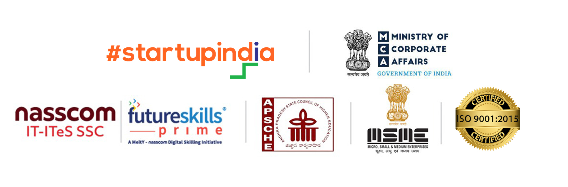 TECHIN IT AI recognitions: Startup India, Ministry of Corporate Affairs, NASSCOM FutureSkills Prime, APSCHE, MSME and ISO 9001:2015 certified